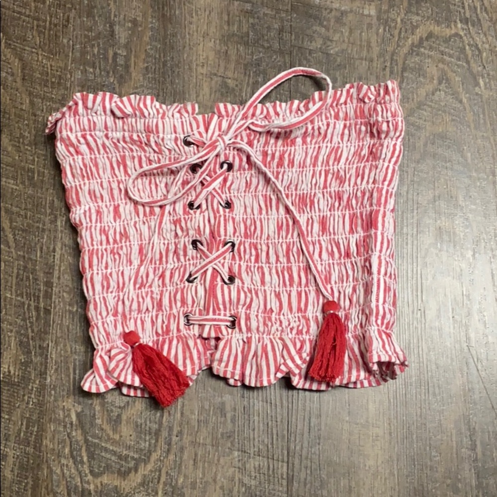 red and white striped lace up tube top